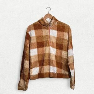 WallFlower Checkered Faux Sherpa Quarter Zip Sweater in Brown, Tan & White